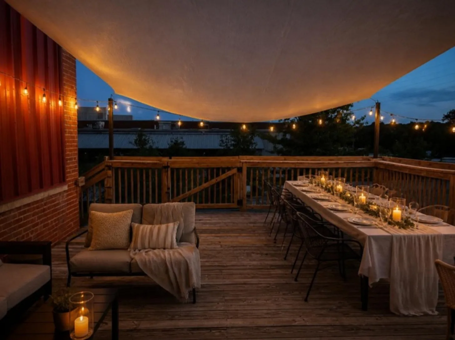 The deck at dusk set for a candlelit dinner
