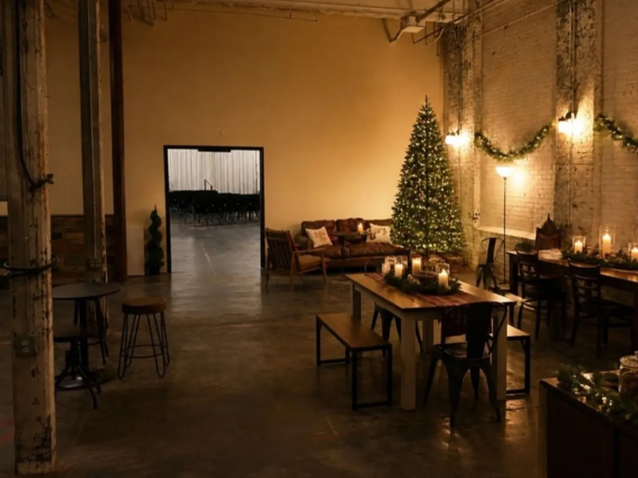 The No. 6 Lounge set for a Christmas party with a lit tree and long tables