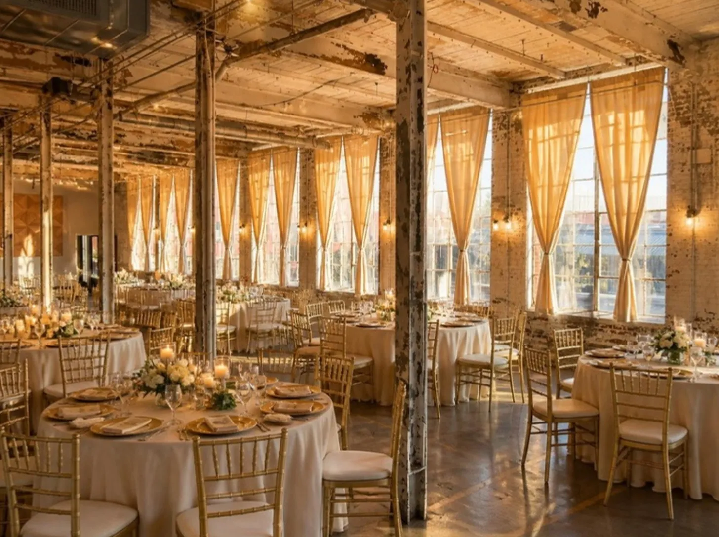 The Loom at Gibson Mill set for a wedding reception, with gold-curtained mill windows, round tables and candlelight